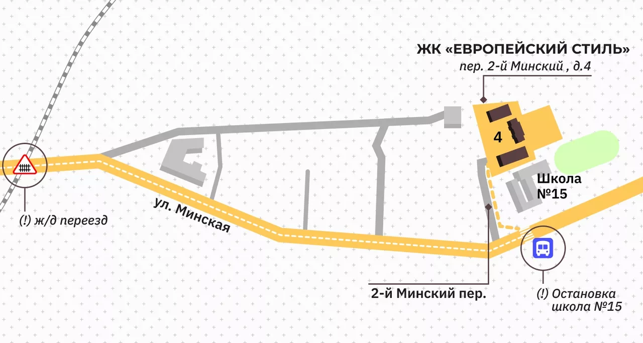 На общественном транспорте. Автобус №35 или Маршрутка №3 от ост. «Станционная» до ост. «15 Школа». Далее пройти по 2-му Минскому пер. до ЖК.